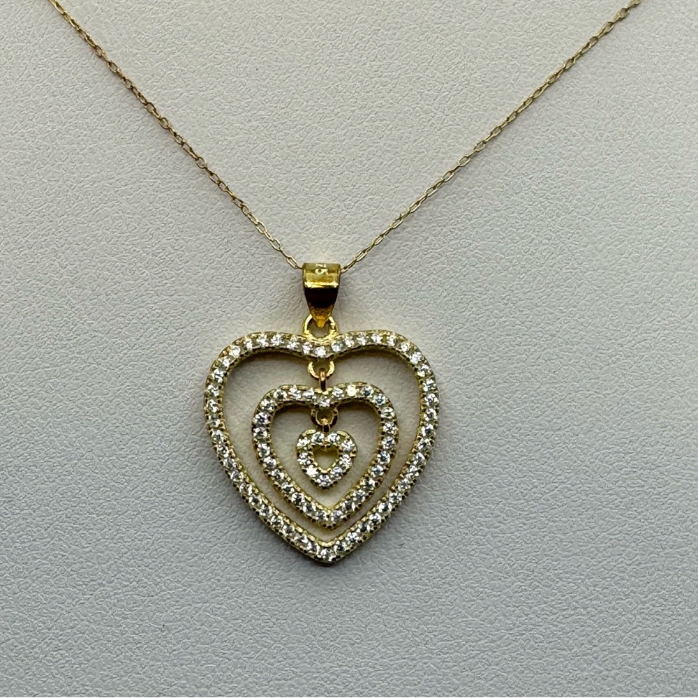 Sterling Silver Gold Plated CZ Heart Necklace 19” Love Gift New No Tags
